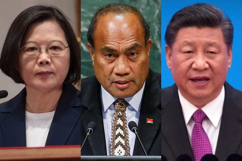 Taiwan's President Tsai Ing-wen, Kiribati's President Taneti Maamau and China's President Xi Jinping speaking at podiums.