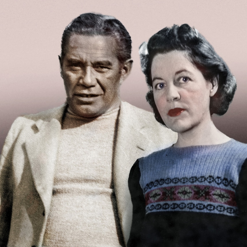 An old photo of an aboriginal man in a cream jacket and skivvy and a white woman in a blue sweater