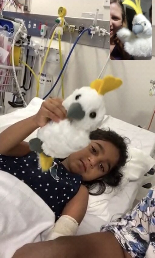Tharnicaa lying in bed looking sad, holding stuffed toy cockatoo.