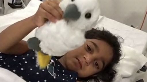 Tharnicaa lying in bed looking sad, holding stuffed toy cockatoo.