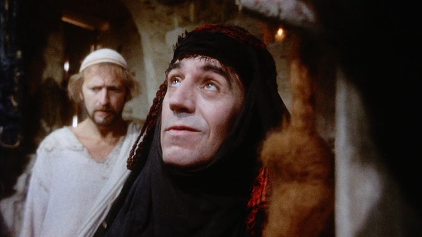 A still from the movie Monty Python's Life of Brian of Terry Jones dressed as a woman.