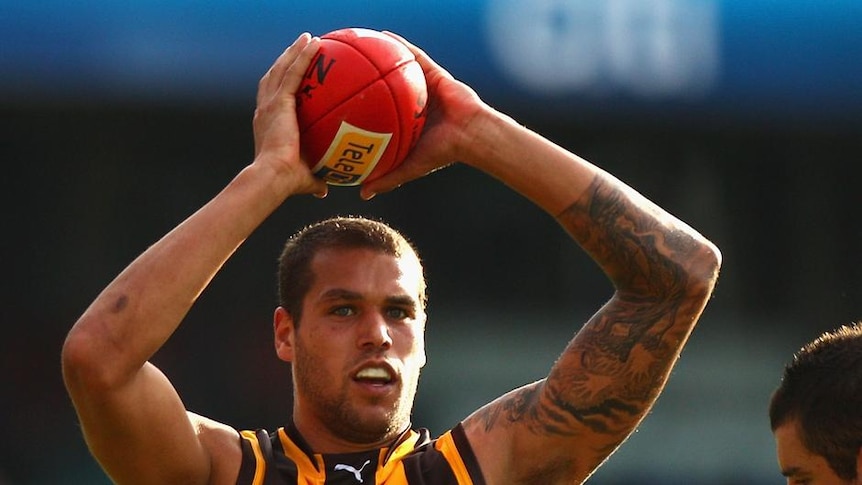Lance Franklin claims another mark on his way to six goals.
