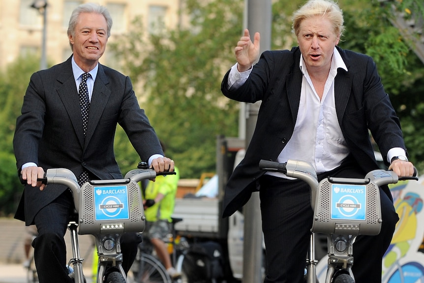 Boris Johnson and Barclays chairman Marcus Agius during the launch of London's Cycle Hire scheme.