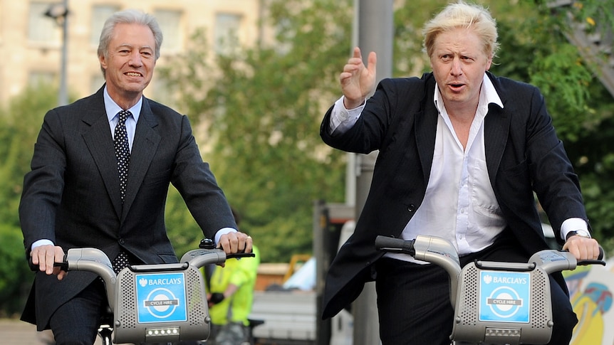 Boris Johnson and Barclays chairman Marcus Agius during the launch of London's Cycle Hire scheme.