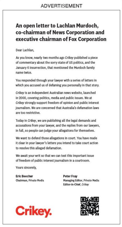 Copy of an open letter to Lachlan Murdoch by Crikey as an ad in the New York Times 