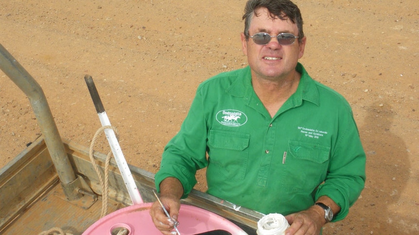 A man in a green shirt hand paints a road sign in the outback on the back of a ute.