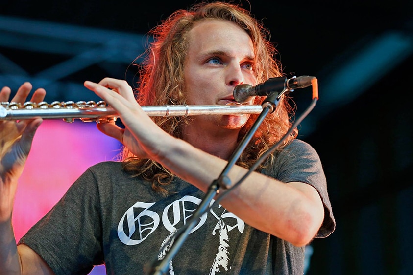 King Gizzard & The Lizard Wizard frontman Stu Mackenzie playing flute at Falls Festival in Marion Bay, TAS 2015