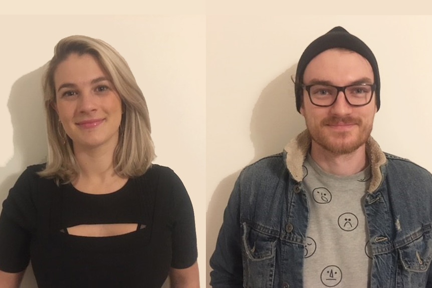 Grace and Ben on day five of their week without mirrors; Grace wears a black jumpsuit and Ben wears a beanie