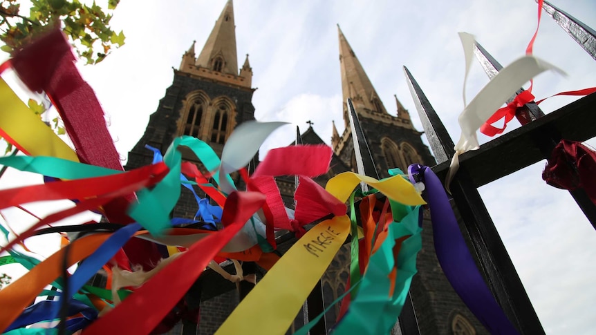Colourful ribbons on the fence outside St Patrick's Cathedral in Melbourne.