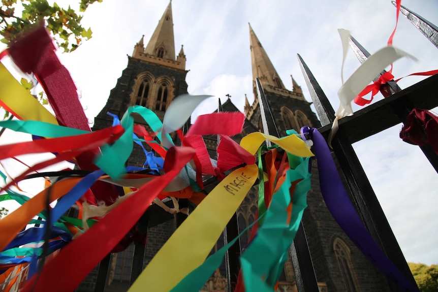 Colourful ribbons on the fence outside St Patrick's Cathedral in Melbourne.