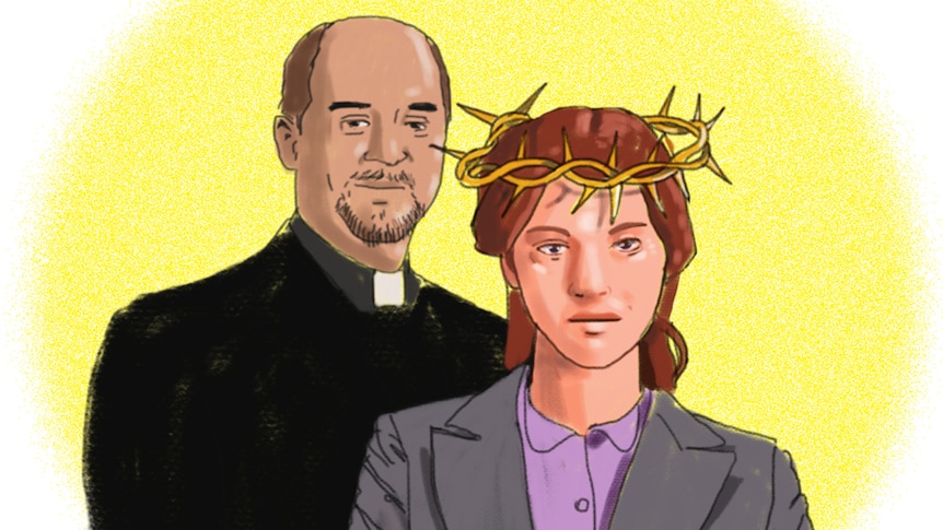 An illustration shows a woman, wearing a crown of thorns, standing in front of a priest.