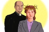 An illustration shows a woman, wearing a crown of thorns, standing in front of a priest.