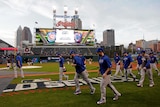 Chicago Cubs players warm up before Game Seven of the 2016 World Series against Cleveland Indians.