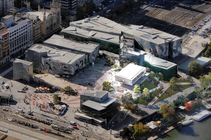 An aerial view of Federation Square highlighting the position of the new Apple store.