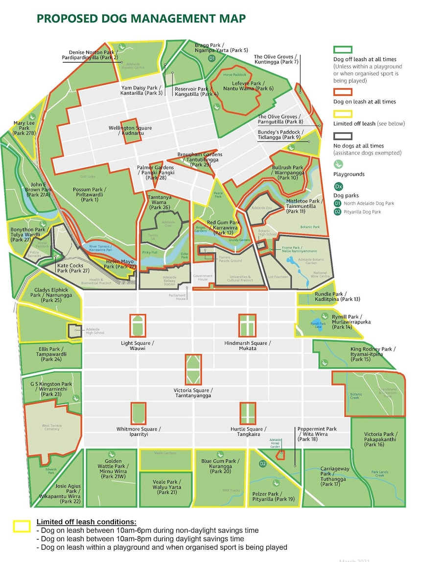 A map of Adelaide's parklands with different coloured zones drawn around them.