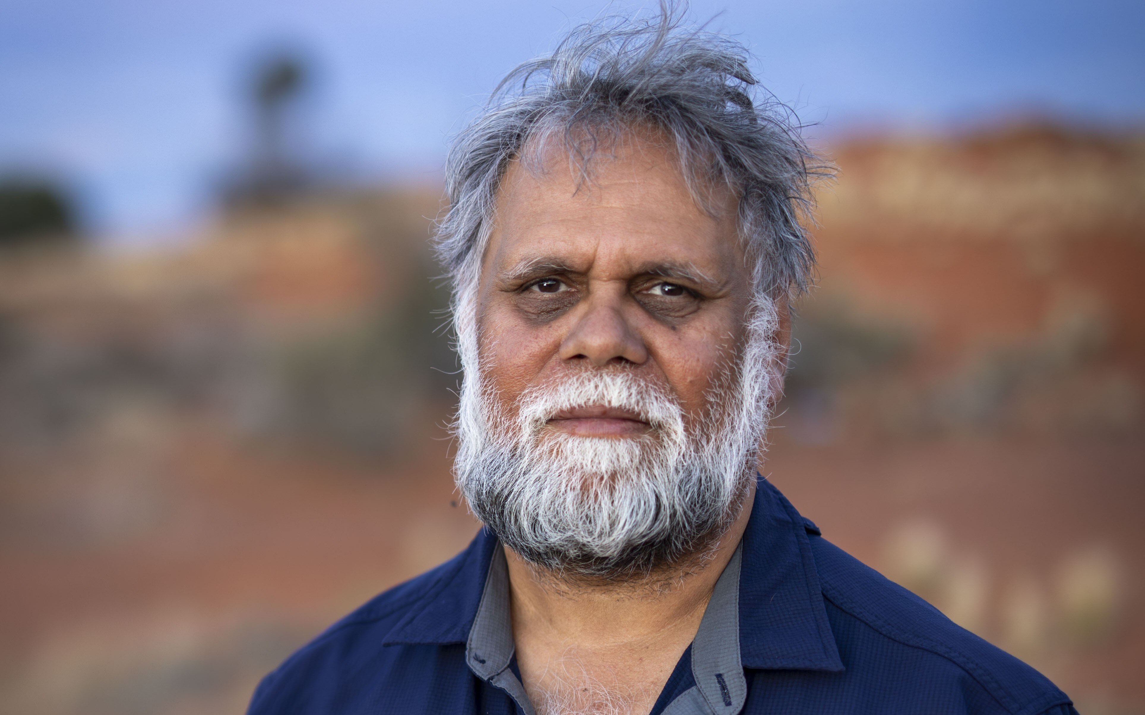 Un hombre con barba y pelo gris mira a la cámara.