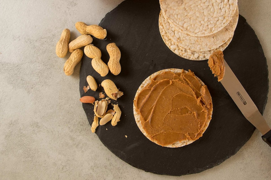 Peanut butter spread on a rice cracker with peanuts in their shell on the side.