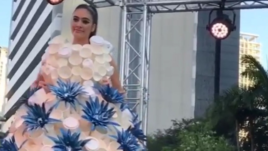 Paper cup dress created by Brisbane teen fashion designer Connor O'Grady