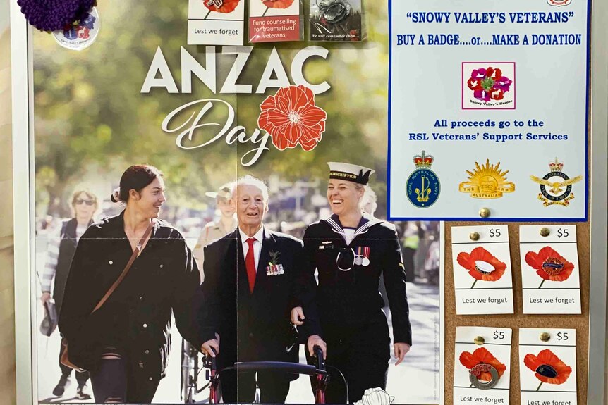A display of a poster for Anzac Day with veterans walking down a street, next to it are a number of badges for sale.