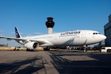 A shot of a Lufthansa plane on with the an airport tarmac