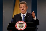 Colombia's President Juan Manuel Santos talks during a news conference.