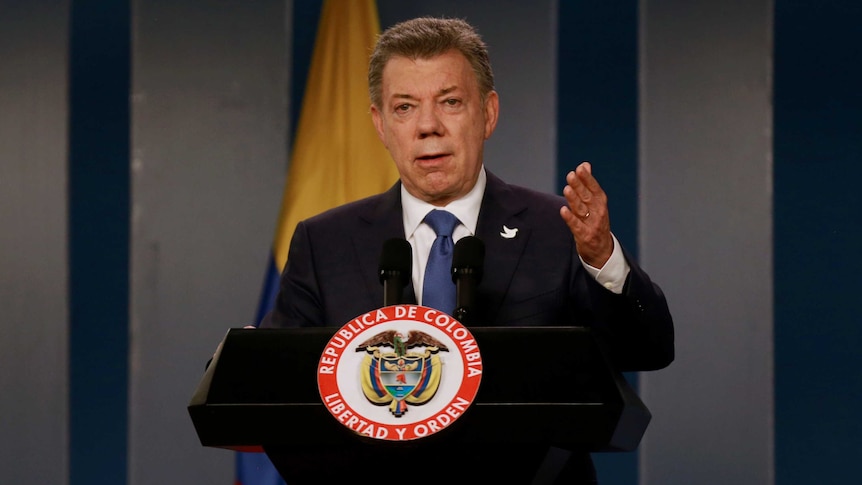 Colombia's President Juan Manuel Santos talks during a news conference.