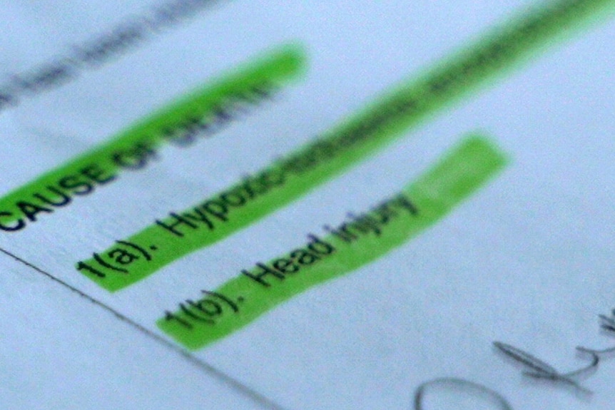 A close up of a highlighted document that reads 'cause of death'