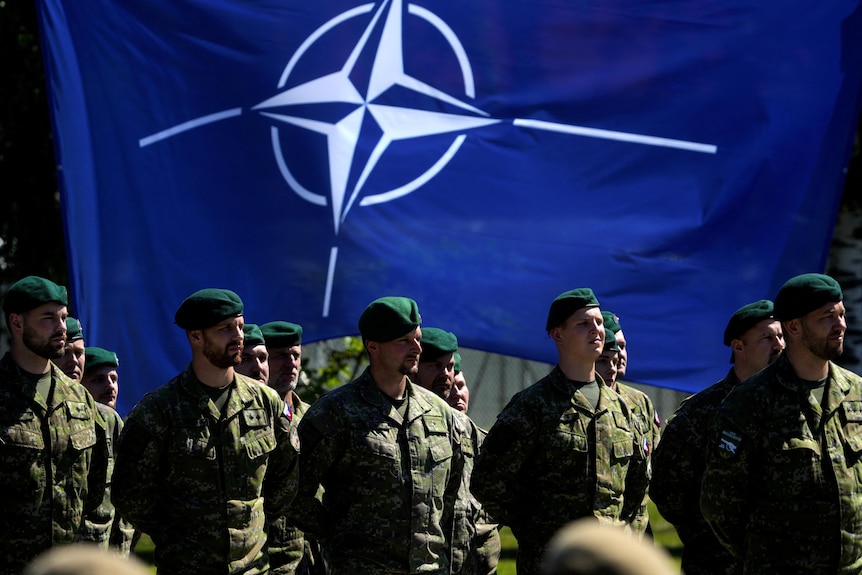 Slovakian troops in front of NATO flag