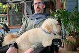 A man sits in a motorised wheelchair with a dog in his lap