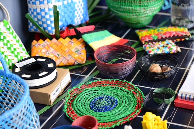 Woven plastic bags and bowls, whipper snipper cord and computer filament made by the shruder out of plastic pollution.