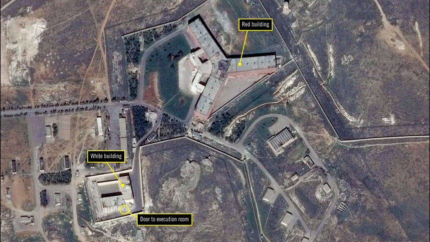 Satellite image of the Saydnaya Military Prison showing different compounds a the centre, north of Damascus in Syria