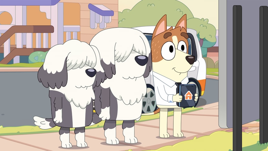 A still from Bluey showing two sheepdogs and a jack russell looking at a for sale sign.