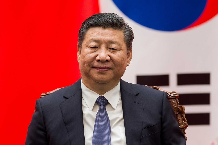 Close-up of Xi Jingping sitting on a chair in front of a red, white and blue background.
