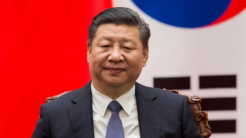 Close-up of Xi Jingping sitting on a chair in front of a red, white and blue background.