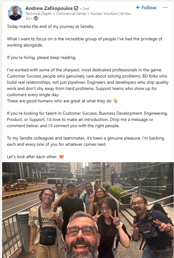 Captura de pantalla de la publicación de Andrew Zafiropoulos en LinkedIn que dice que hoy marca el final de mi viaje en Sendle y que los colegas son geniales.
