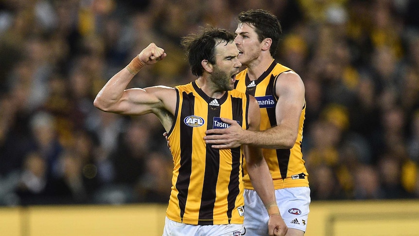 Jordan Lewis celebrates goal for Hawthorn