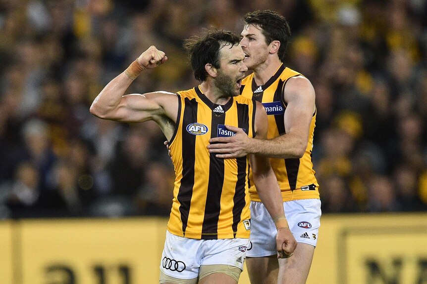 Jordan Lewis celebrates goal for Hawthorn