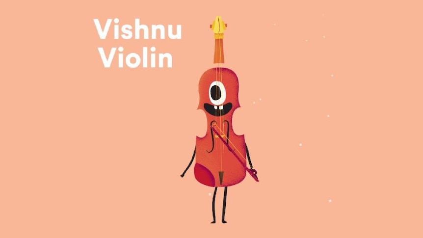 Cartoon violin with face, arms and legs, text reads "Vishnu Violin"