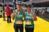 Kathy Fuller and Narelle Pell after finishing the Adelaide marathon
