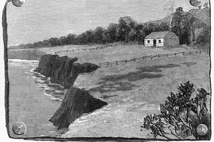 A black and white illustration of a house with a chimney overlooking water at a bay. 