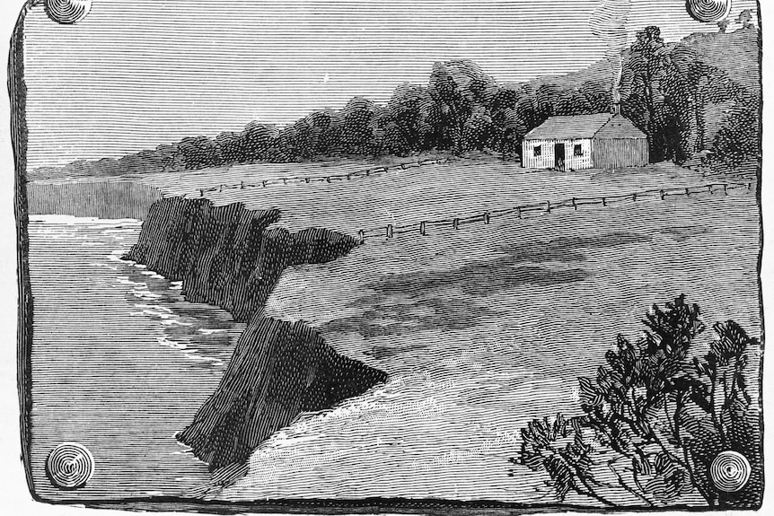 A black and white illustration of a house with a chimney overlooking water at a bay. 