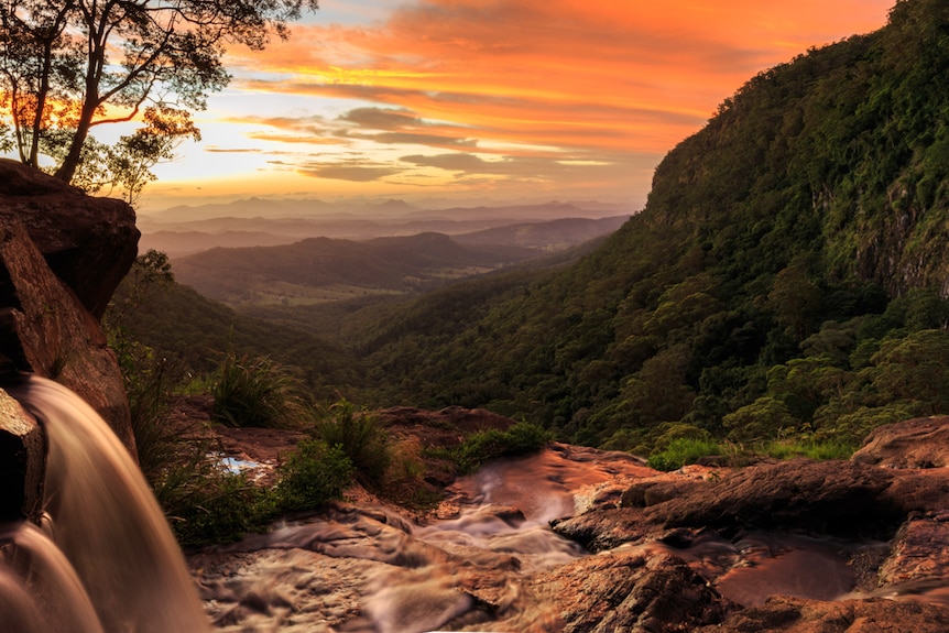 The view from Morans Falls in the Gold Coast hinterland in a tourism story about regional areas and natural disasters.