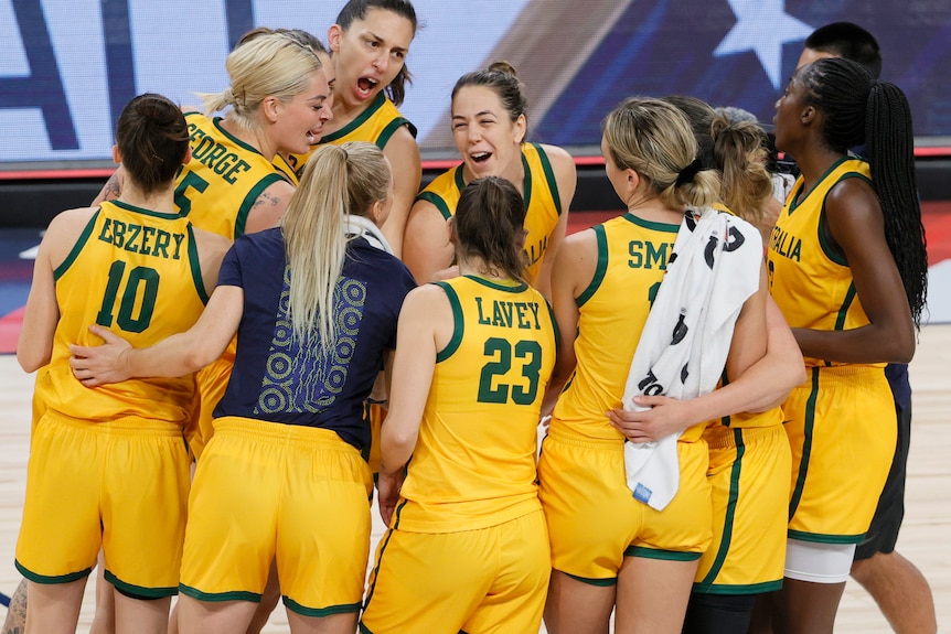 Australian women's basketball team in at huddle at the Olympics