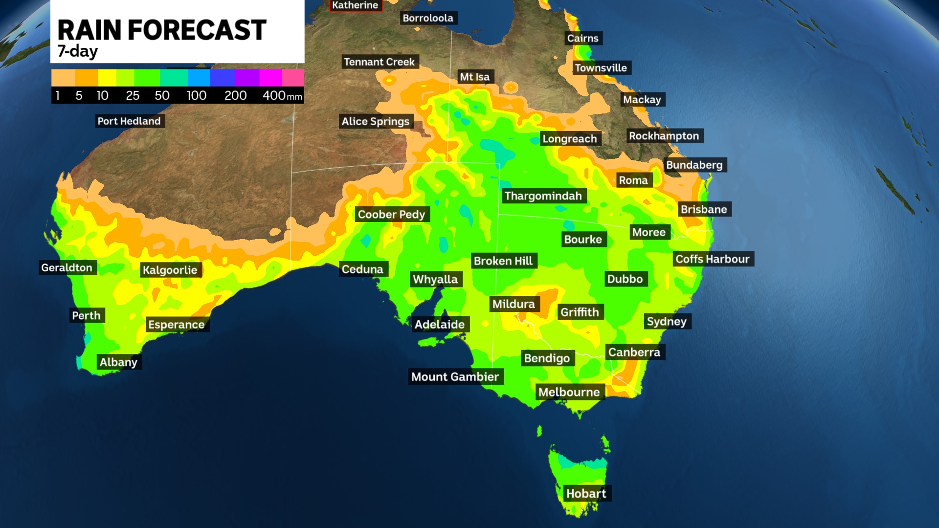 a weather graph map of australia showing rain forecasts over seven days