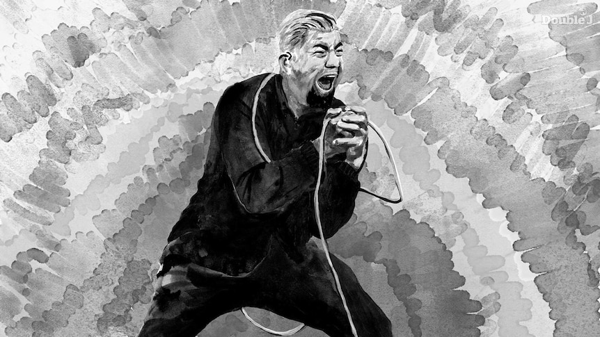 A black and white illustration of Deftones' frontman Chino Moreno singing scream singing into a microphone