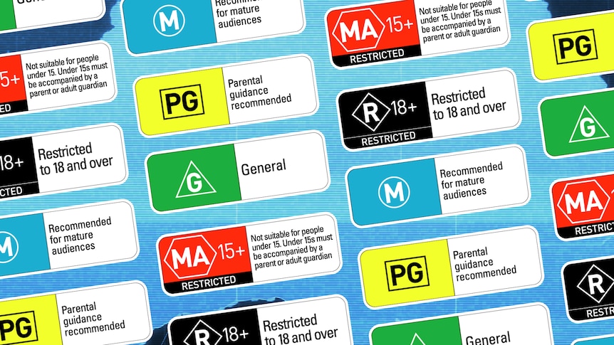 Each of the five classification rating symbols and their definitions; G, PG, M, MA 15+ and R 18+.