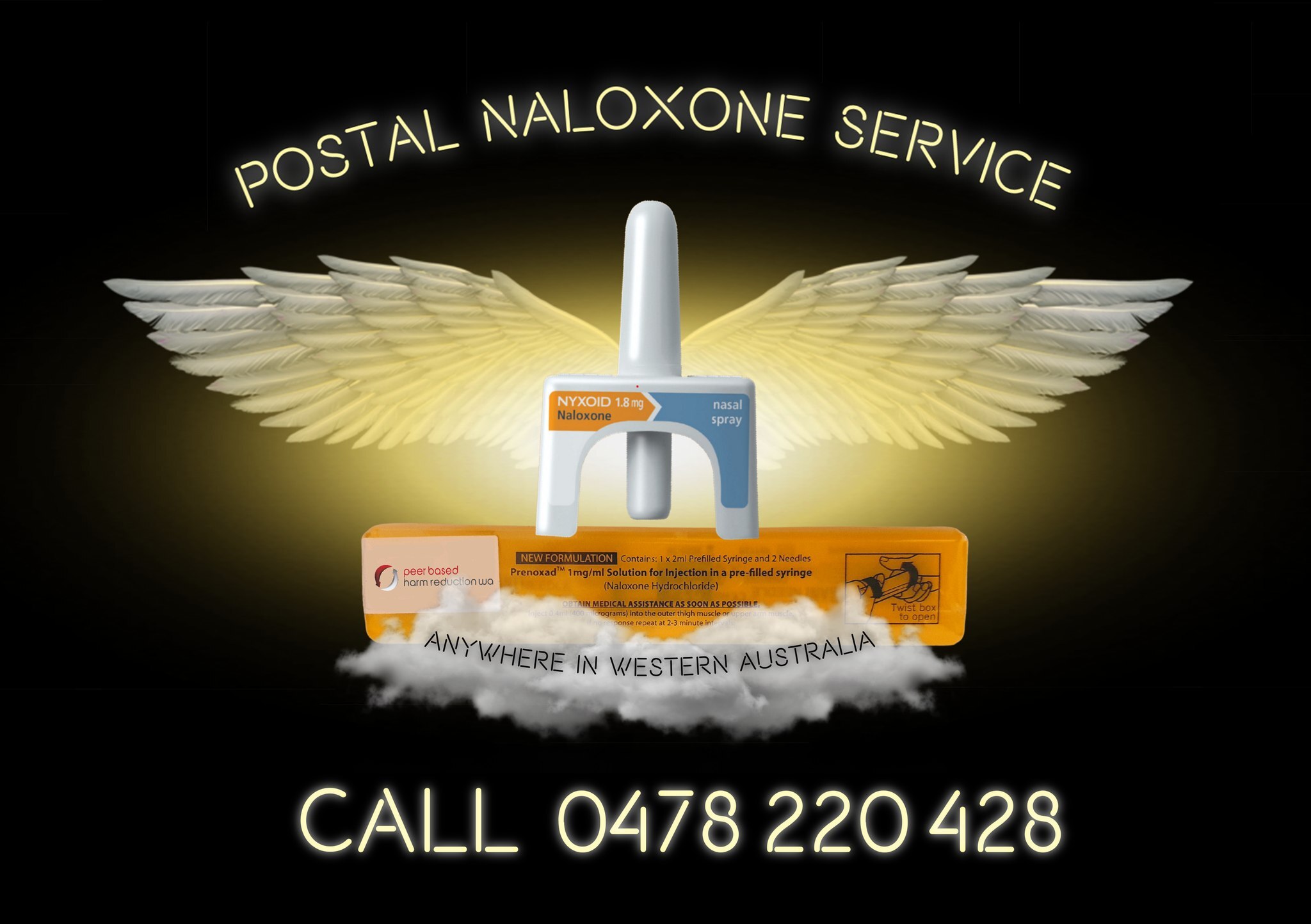 Poster of a naloxone nasal spray with wings. It says Call 0478220428