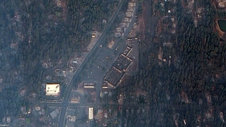 Satellite image showing a burnt-out shopping centre in Paradise, California.