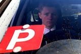 A boy looks through the windscreen of a car with a P plate on the front.