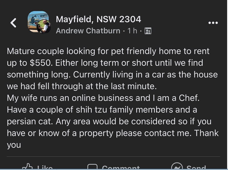 Facebook post calling for Housing help